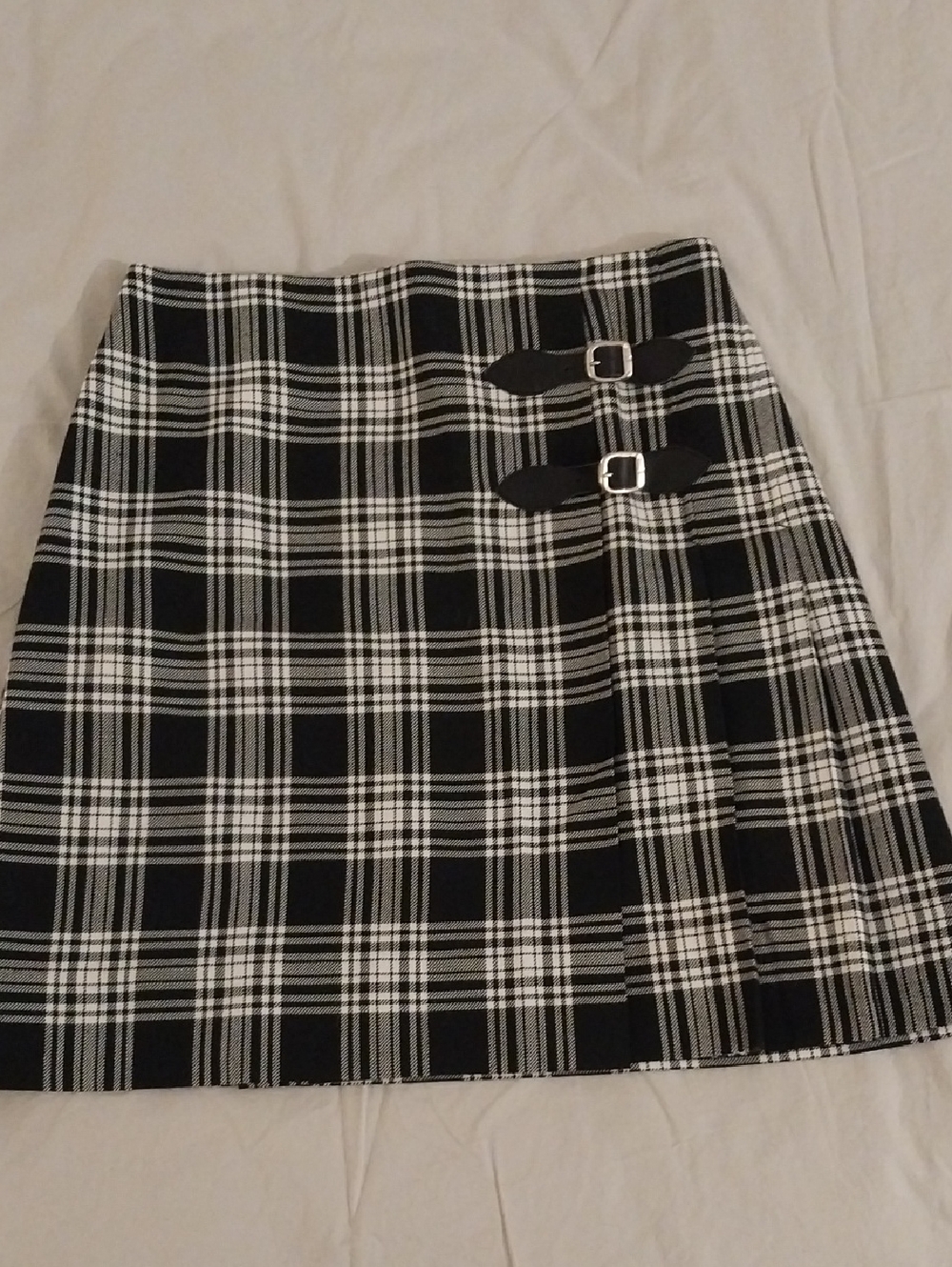 Nina Leonard Black and White Plaid Mini Skirt with Buckle Straps